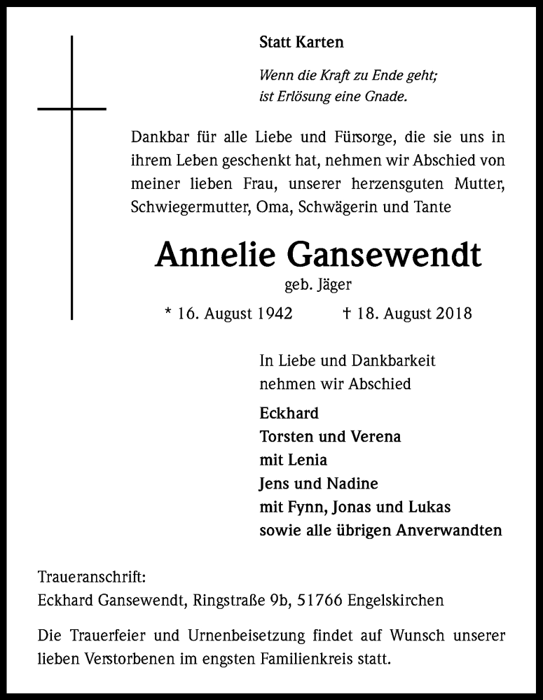  Traueranzeige für Annelie Gansewendt vom 28.08.2018 aus Kölner Stadt-Anzeiger / Kölnische Rundschau / Express