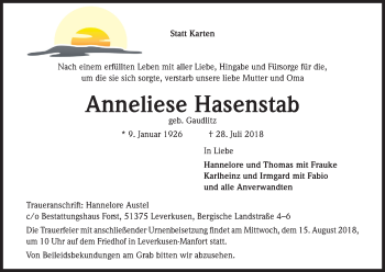 Anzeige von Anneliese Hasenstab von Kölner Stadt-Anzeiger / Kölnische Rundschau / Express