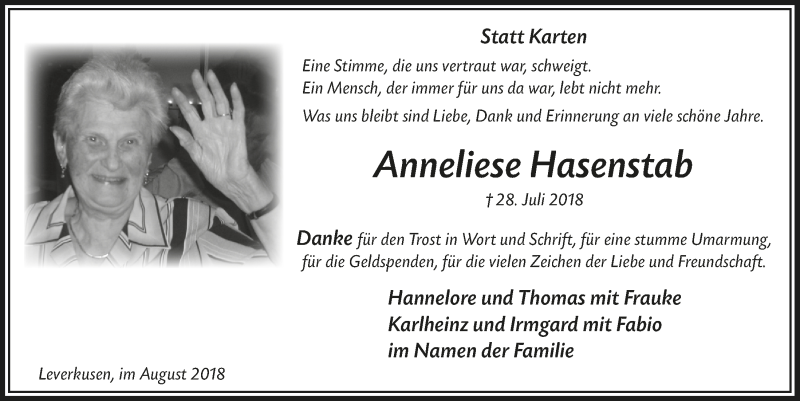  Traueranzeige für Anneliese Hasenstab vom 29.08.2018 aus  Lokale Informationen 