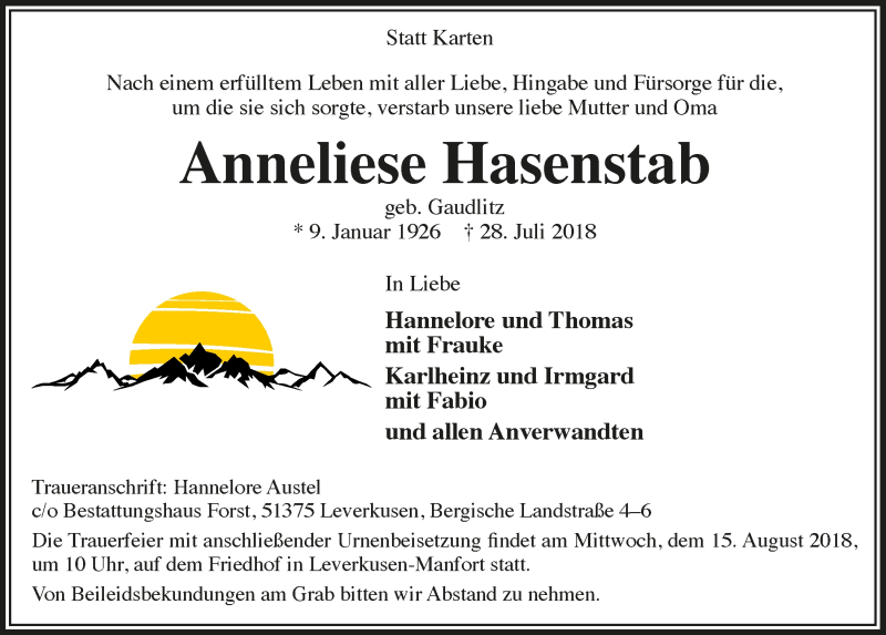  Traueranzeige für Anneliese Hasenstab vom 08.08.2018 aus  Lokale Informationen 