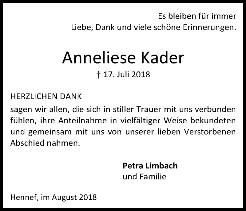  Traueranzeige für Anneliese Kader vom 25.08.2018 aus Kölner Stadt-Anzeiger / Kölnische Rundschau / Express