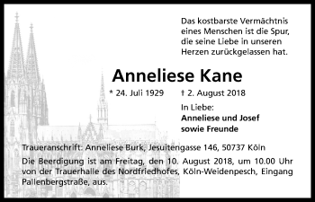 Anzeige von Anneliese Kane von Kölner Stadt-Anzeiger / Kölnische Rundschau / Express