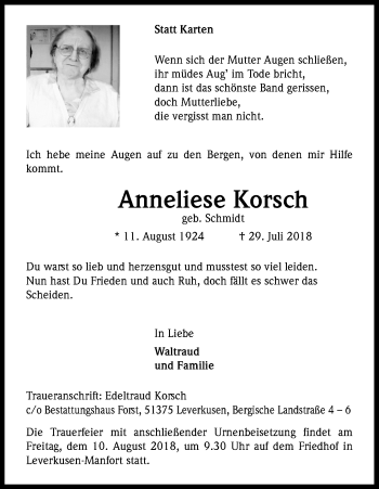 Anzeige von Anneliese Korsch von Kölner Stadt-Anzeiger / Kölnische Rundschau / Express