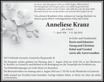 Anzeige von Anneliese Kranz von  Sonntags-Post 