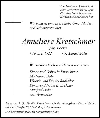 Anzeige von Anneliese Kretschmer von Kölner Stadt-Anzeiger / Kölnische Rundschau / Express