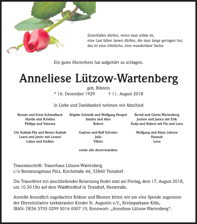 Traueranzeige für Anneliese Lützow-Wartenberg vom 14.08.2018 aus Kölner Stadt-Anzeiger / Kölnische Rundschau / Express