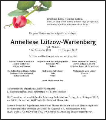 Anzeige von Anneliese Lützow-Wartenberg von Kölner Stadt-Anzeiger / Kölnische Rundschau / Express