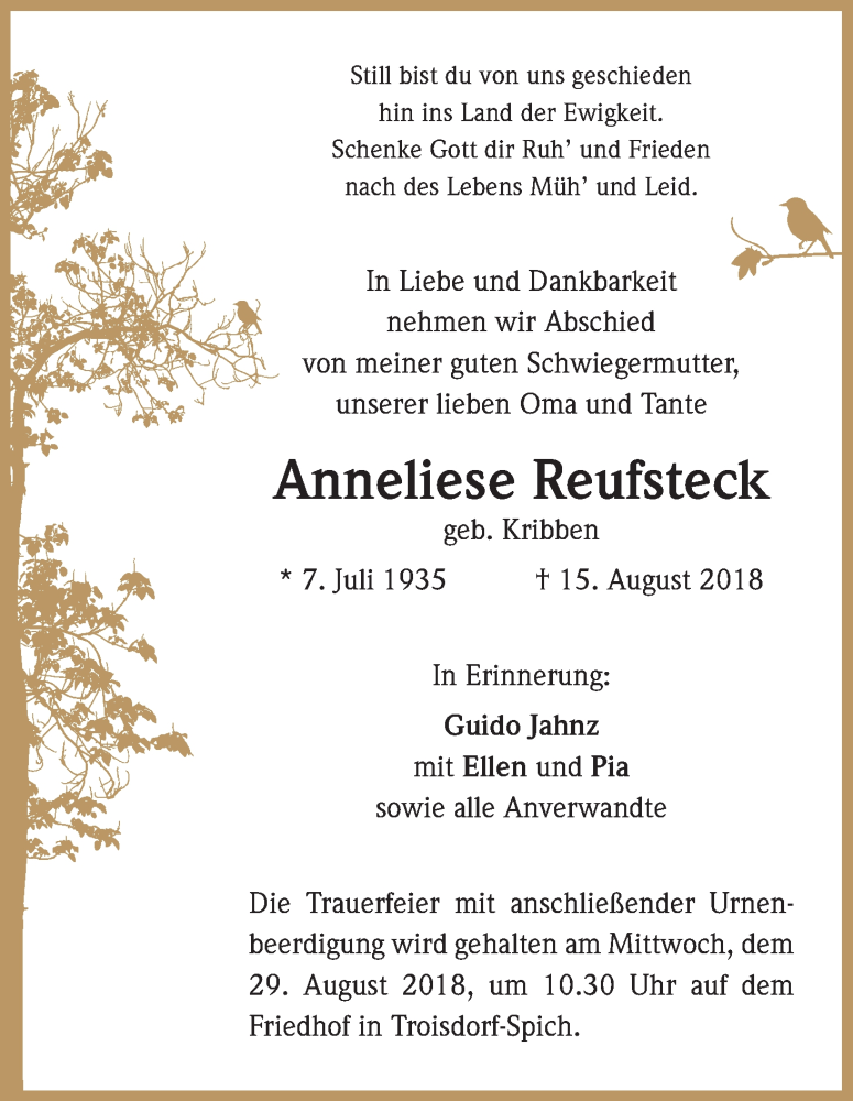  Traueranzeige für Anneliese Reufsteck vom 18.08.2018 aus Kölner Stadt-Anzeiger / Kölnische Rundschau / Express