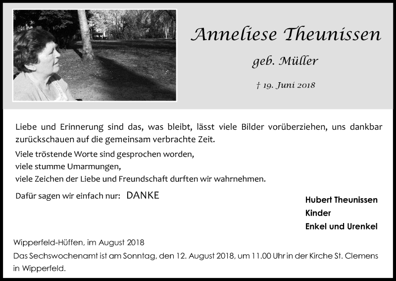  Traueranzeige für Anneliese Theunissen vom 04.08.2018 aus Kölner Stadt-Anzeiger / Kölnische Rundschau / Express