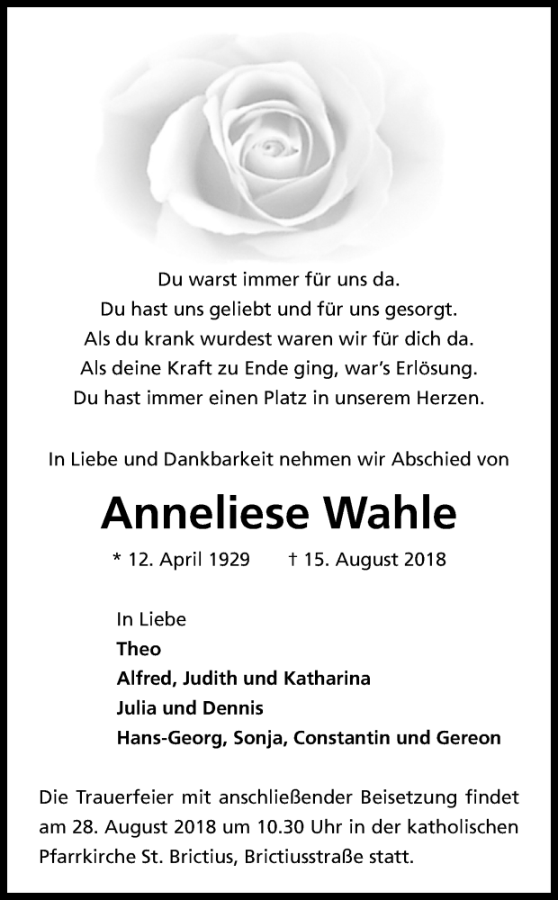  Traueranzeige für Anneliese Wahle vom 25.08.2018 aus Kölner Stadt-Anzeiger / Kölnische Rundschau / Express