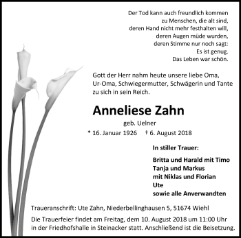 Anzeige von Anneliese Zahn von Kölner Stadt-Anzeiger / Kölnische Rundschau / Express
