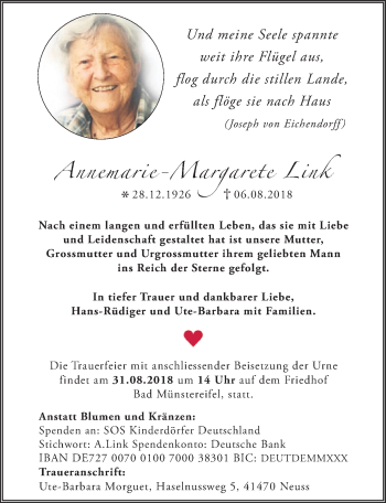 Anzeige von Annemarie-Margarete Link von  Blickpunkt Euskirchen 