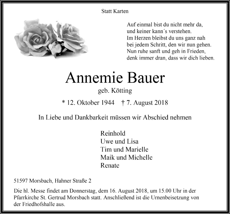 Traueranzeige für Annemie Bauer vom 15.08.2018 aus  Lokalanzeiger 