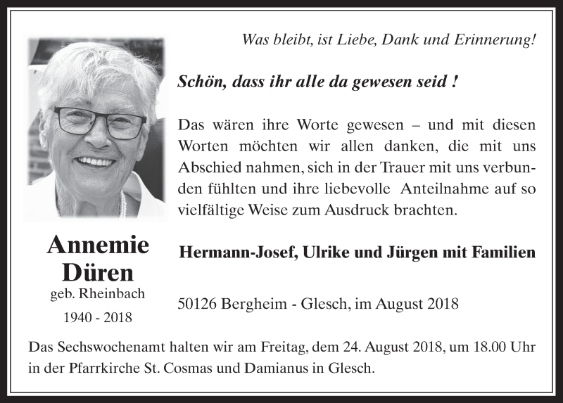  Traueranzeige für Annemie Düren vom 22.08.2018 aus  Werbepost 