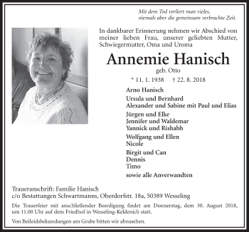 Anzeige von Annemie Hanisch von  Schlossbote/Werbekurier 
