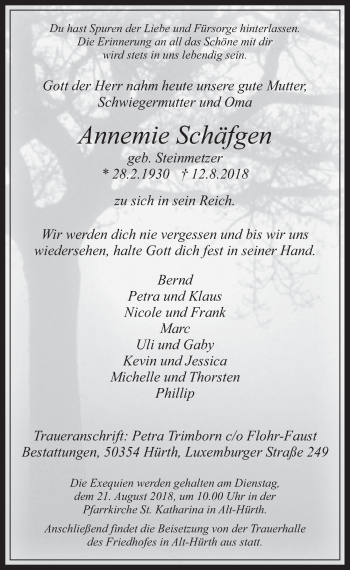 Anzeige von Annemie Schäfgen von  Wochenende 