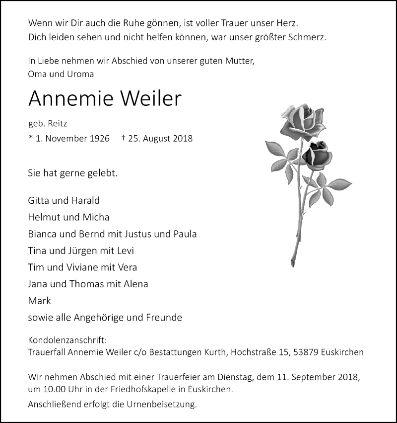  Traueranzeige für Annemie Weiler vom 01.09.2018 aus Kölner Stadt-Anzeiger / Kölnische Rundschau / Express
