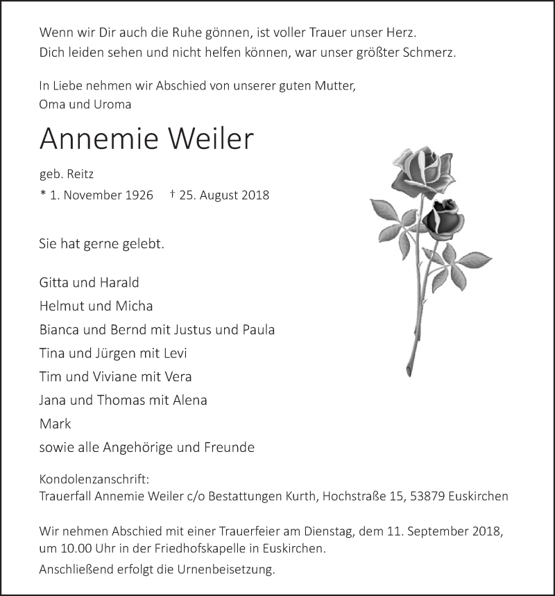  Traueranzeige für Annemie Weiler vom 01.09.2018 aus  Blickpunkt Euskirchen 