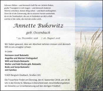 Anzeige von Annette Bukowitz von Kölner Stadt-Anzeiger / Kölnische Rundschau / Express