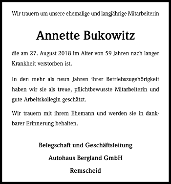Anzeige von Annette Bukowitz von Kölner Stadt-Anzeiger / Kölnische Rundschau / Express