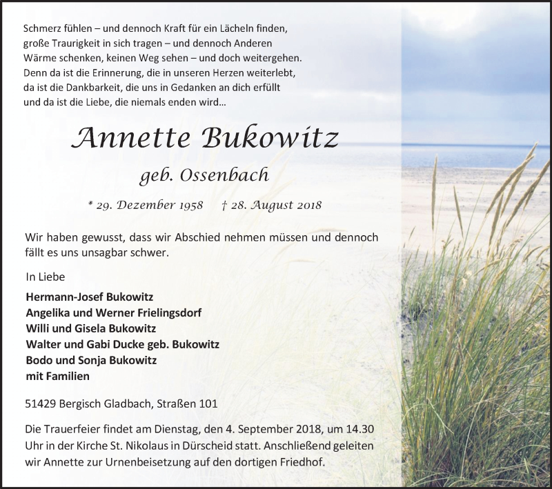  Traueranzeige für Annette Bukowitz vom 31.08.2018 aus Kölner Stadt-Anzeiger / Kölnische Rundschau / Express