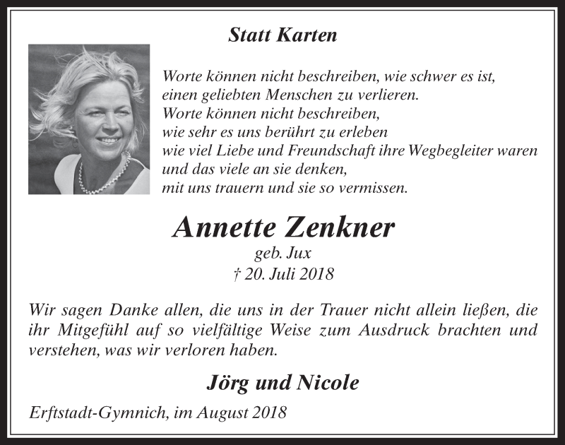  Traueranzeige für Annette Zenkner vom 22.08.2018 aus  Werbepost 