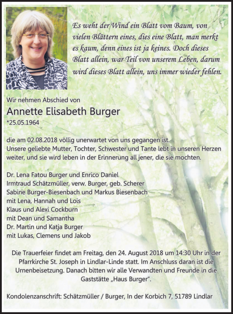 Traueranzeige für Annette Elisabeth Burger vom 11.08.2018 aus Kölner Stadt-Anzeiger / Kölnische Rundschau / Express