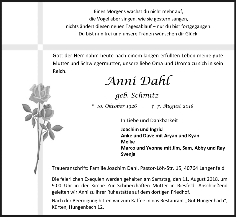  Traueranzeige für Anni Dahl vom 09.08.2018 aus Kölner Stadt-Anzeiger / Kölnische Rundschau / Express