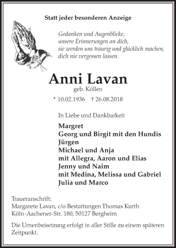 Anzeige von Anni Lavan von  Sonntags-Post 