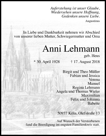 Anzeige von Anni Lehmann von Kölner Stadt-Anzeiger / Kölnische Rundschau / Express