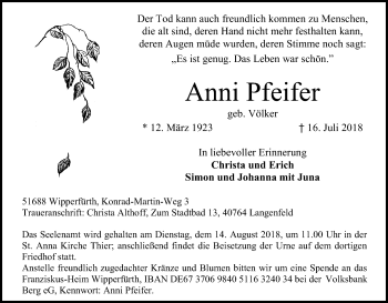 Anzeige von Anni Pfeifer von Kölner Stadt-Anzeiger / Kölnische Rundschau / Express