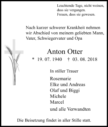 Anzeige von Anton Otter von Kölner Stadt-Anzeiger / Kölnische Rundschau / Express