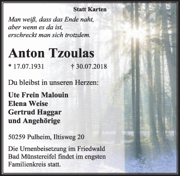 Anzeige von Anton Tzoulas von  Sonntags-Post 