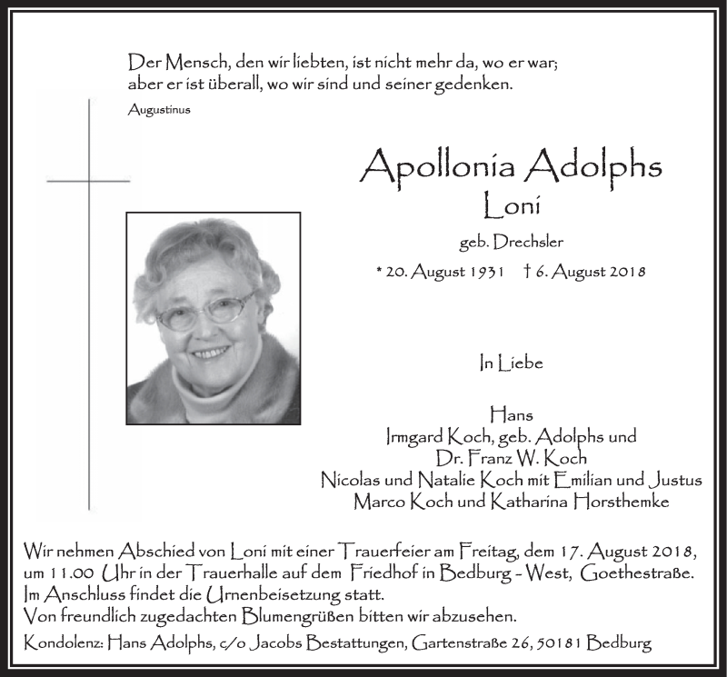  Traueranzeige für Apollonia  Adolphs vom 11.08.2018 aus  Sonntags-Post 
