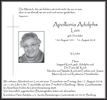 Anzeige von Apollonia  Adolphs von  Sonntags-Post 