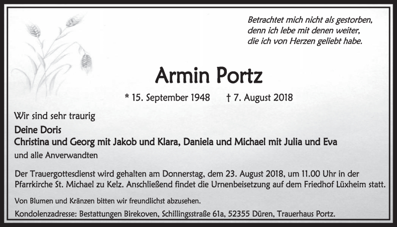  Traueranzeige für Armin Portz vom 18.08.2018 aus  Blickpunkt Euskirchen  Sonntags-Post 