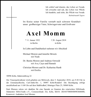 Anzeige von Axel Momm von Kölner Stadt-Anzeiger / Kölnische Rundschau / Express