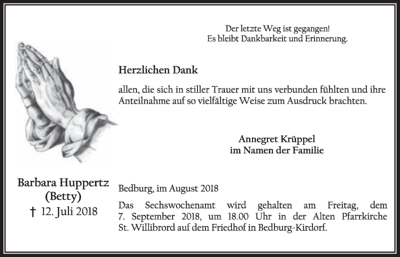  Traueranzeige für Barbara Huppertz vom 01.09.2018 aus  Sonntags-Post 