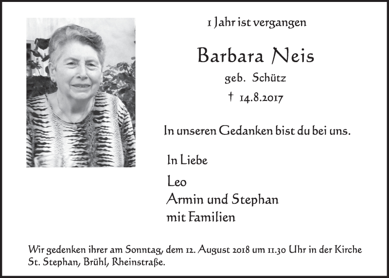  Traueranzeige für Barbara Neis vom 08.08.2018 aus  Schlossbote/Werbekurier 