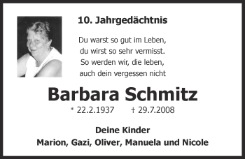 Anzeige von Barbara Schmitz von  Kölner Wochenspiegel 