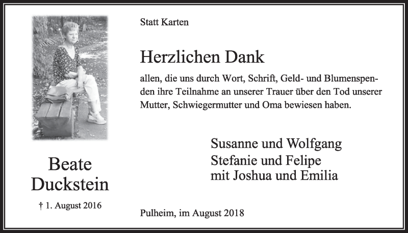  Traueranzeige für Beate Duckstein vom 25.08.2018 aus  Sonntags-Post 