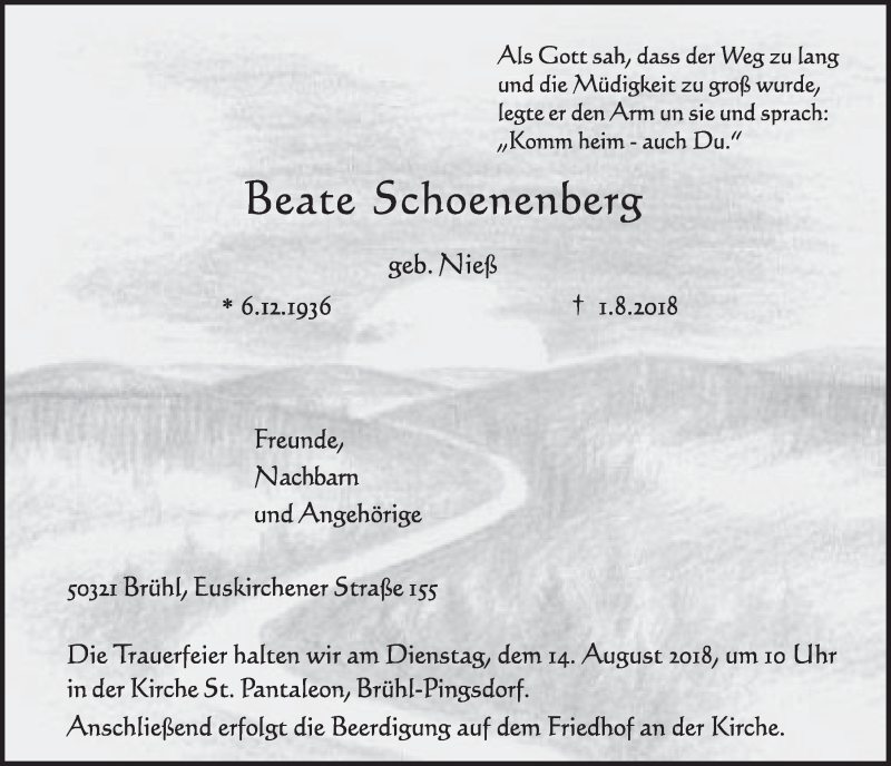  Traueranzeige für Beate Schoenenberg vom 08.08.2018 aus  Schlossbote/Werbekurier 