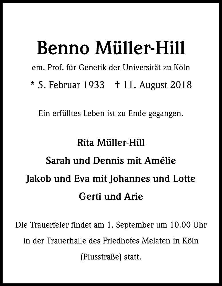  Traueranzeige für Benno Müller-Hill vom 18.08.2018 aus Kölner Stadt-Anzeiger / Kölnische Rundschau / Express