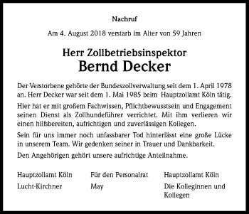 Anzeige von Bernd Decker von Kölner Stadt-Anzeiger / Kölnische Rundschau / Express
