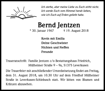 Anzeige von Bernd Jentzen von Kölner Stadt-Anzeiger / Kölnische Rundschau / Express
