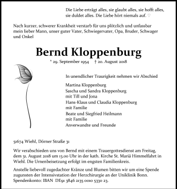 Anzeige von Bernd Kloppenburg von Kölner Stadt-Anzeiger / Kölnische Rundschau / Express