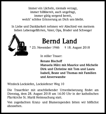 Anzeige von Bernd Land von Kölner Stadt-Anzeiger / Kölnische Rundschau / Express