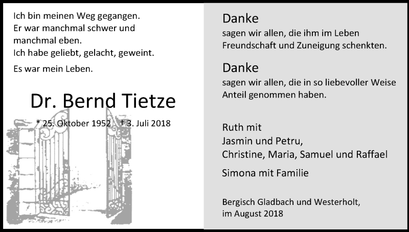  Traueranzeige für Bernd Tietze vom 11.08.2018 aus Kölner Stadt-Anzeiger / Kölnische Rundschau / Express