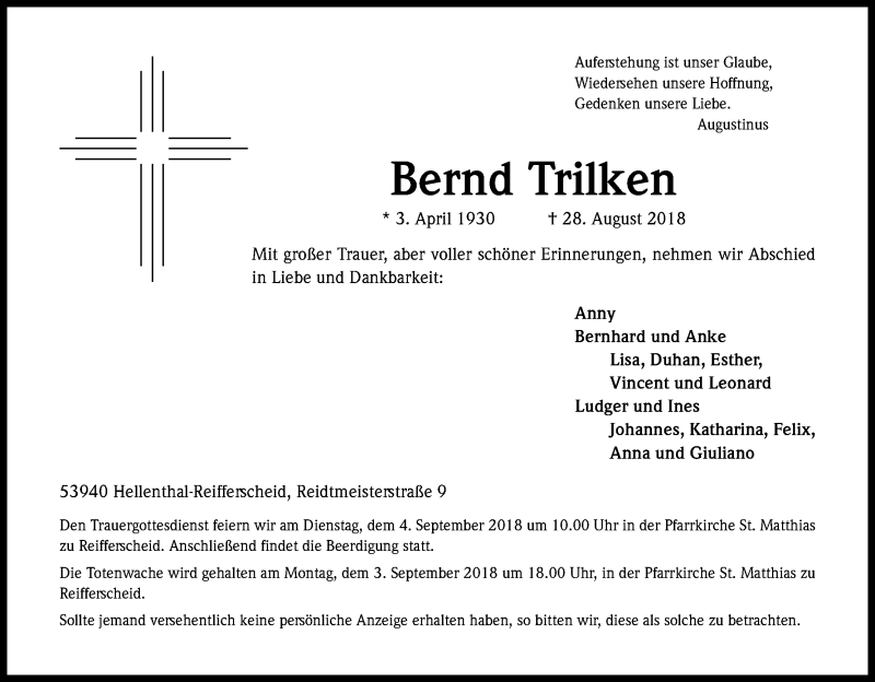  Traueranzeige für Bernd Trilken vom 31.08.2018 aus Kölner Stadt-Anzeiger / Kölnische Rundschau / Express