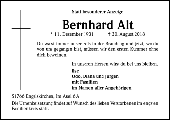 Anzeige von Bernhard Alt von Kölner Stadt-Anzeiger / Kölnische Rundschau / Express